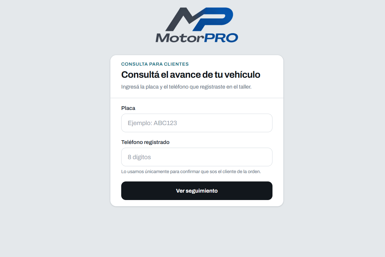 Página real de seguimiento para clientes de MotorPRO